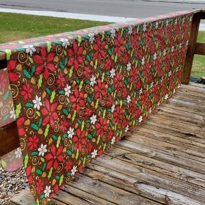 Festive Poinsettia Holiday Plastic Table Cloth With Flannel Backing. Minor Flaws